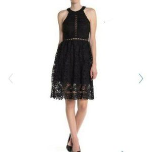 Max + Ash Black Lace Halter Floral design Dress